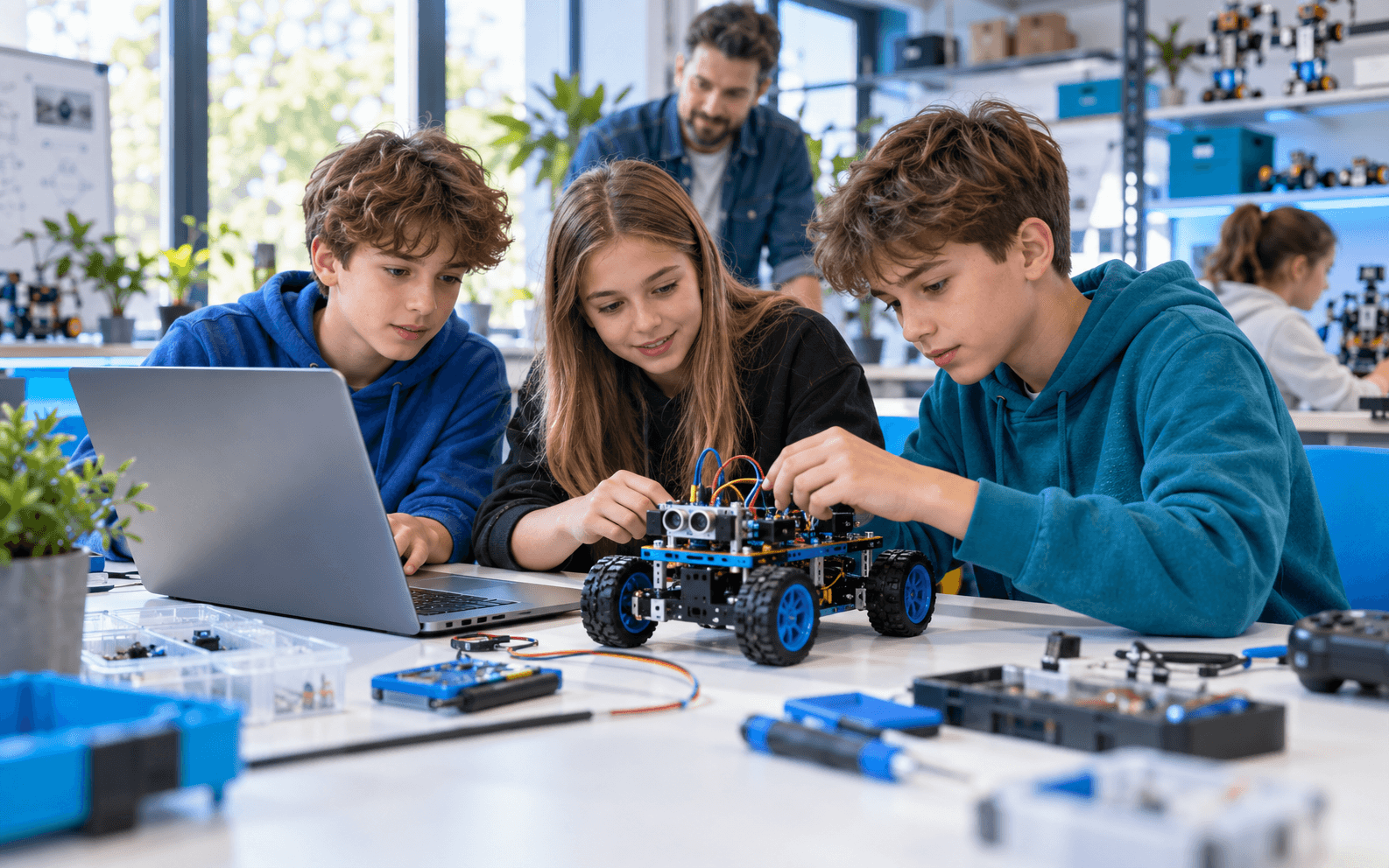 Młodzież budująca i programująca robota na zajęciach Mali Konstruktorzy