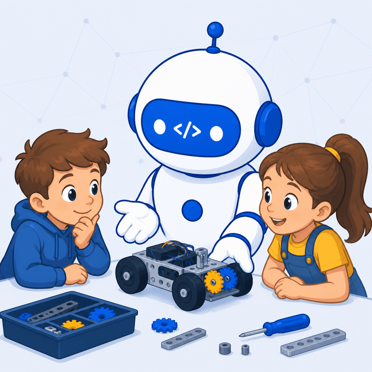 Maskotka Robonautów z dziećmi budującymi robota